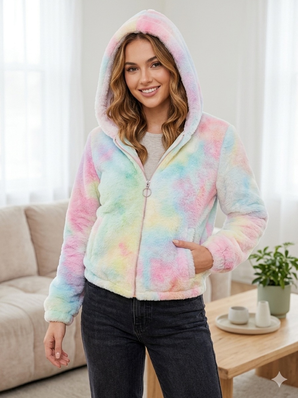 Plush Hooded Kids Puffer Jacket in Pastel Tie-Dye